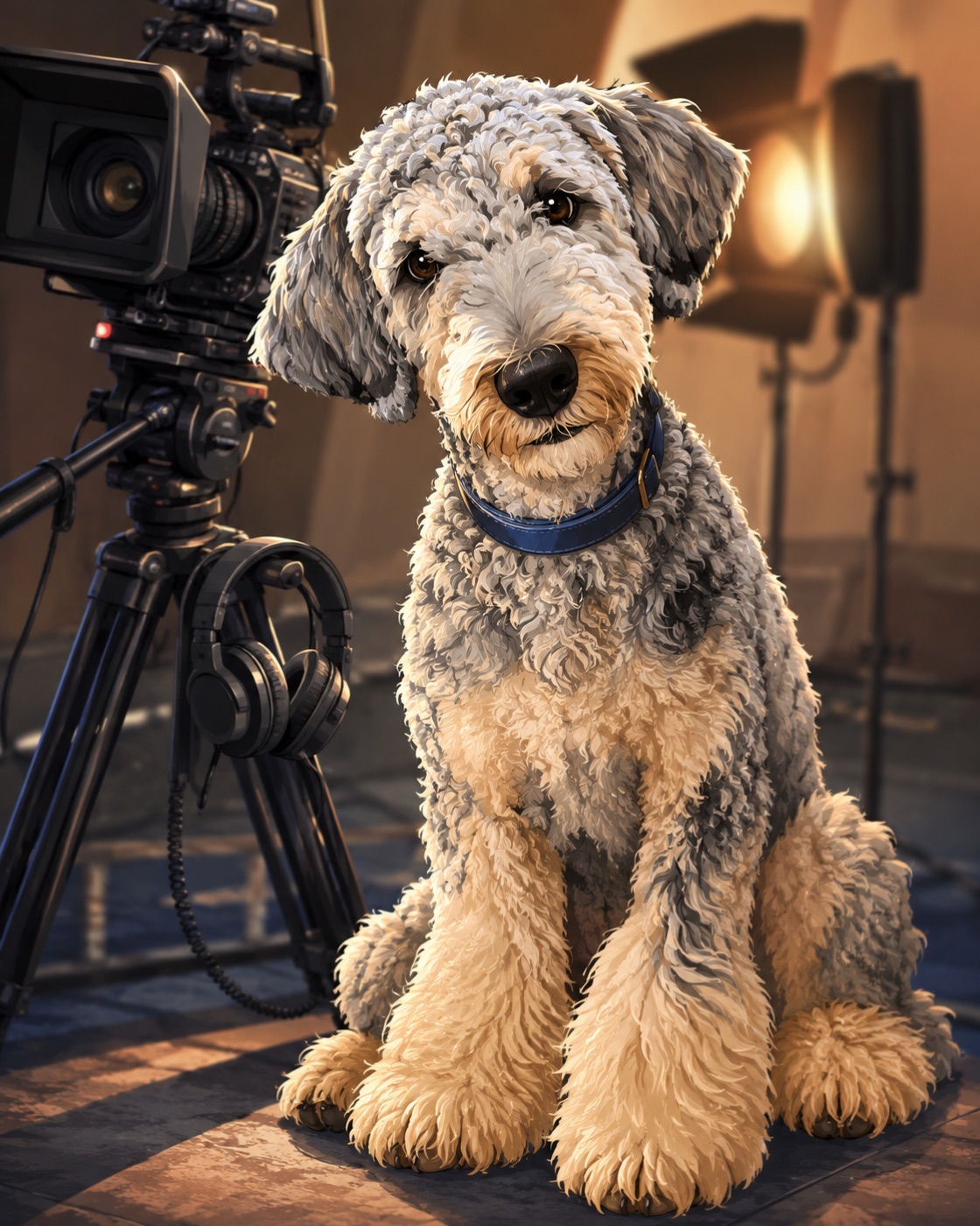 Illustration of Wallace, a grey merle Labradoodle with tan legs and a blue collar, sitting beside a cinema camera under studio lights.